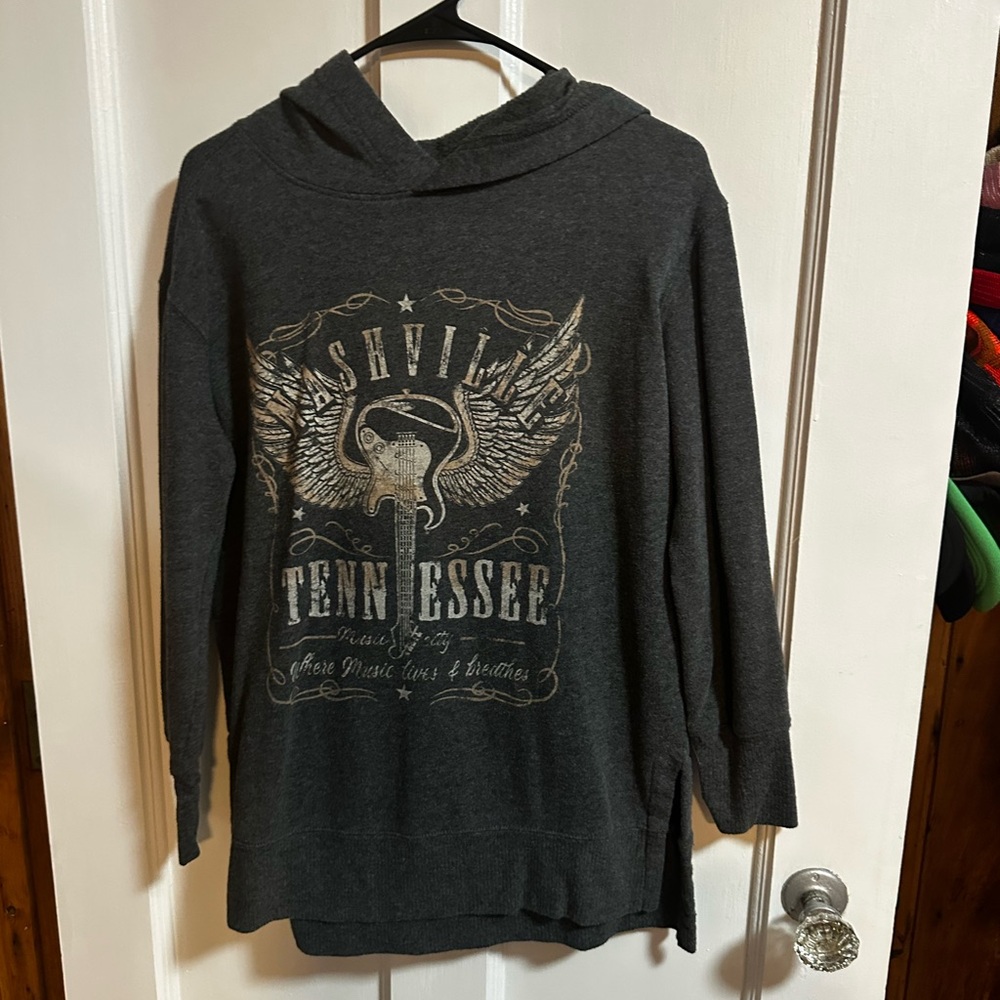 Gray Hooded Sweater with Graphic Print